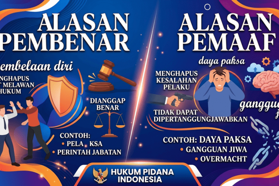 Alasan tersebut dikenal sebagai alasan penghapus pidana, yang terbagi menjadi dua kategori utama, yaitu alasan pembenar dan alasan pemaaf.