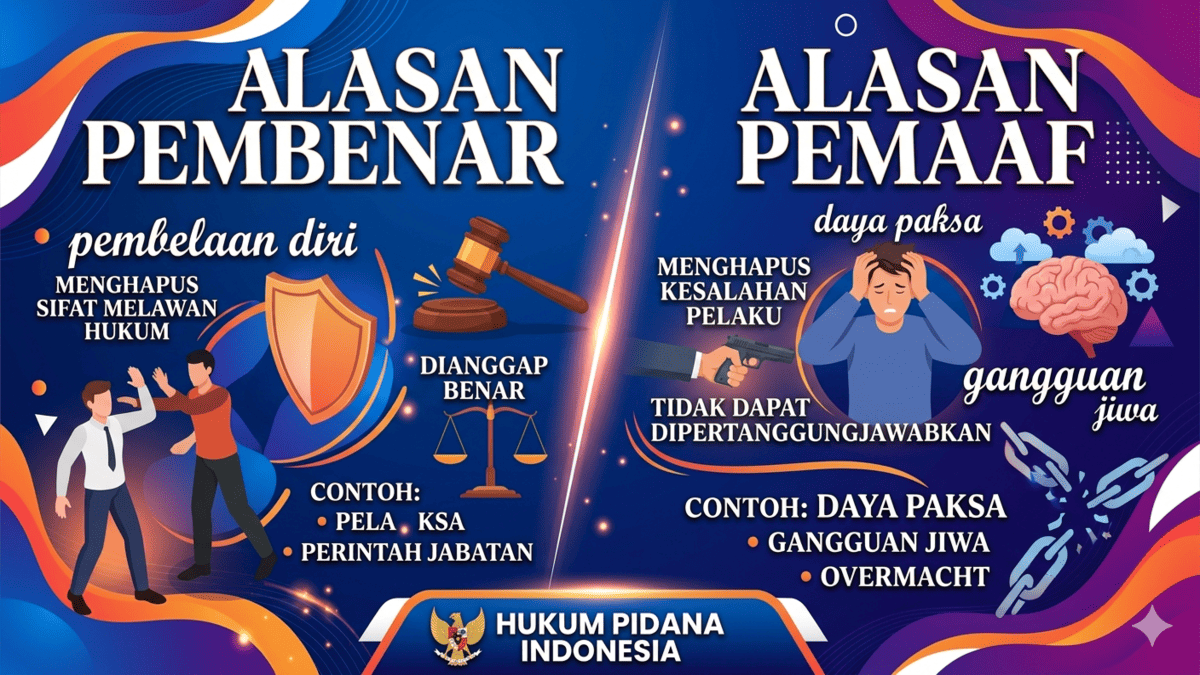 Alasan tersebut dikenal sebagai alasan penghapus pidana, yang terbagi menjadi dua kategori utama, yaitu alasan pembenar dan alasan pemaaf.